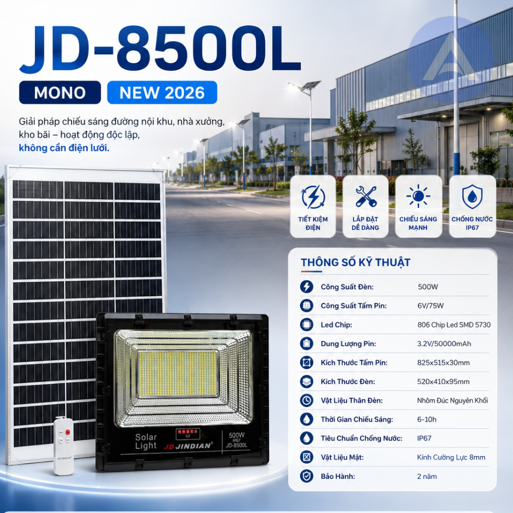 Đèn Năng Lượng Mặt Trời 500W JinDian JD-8500L
